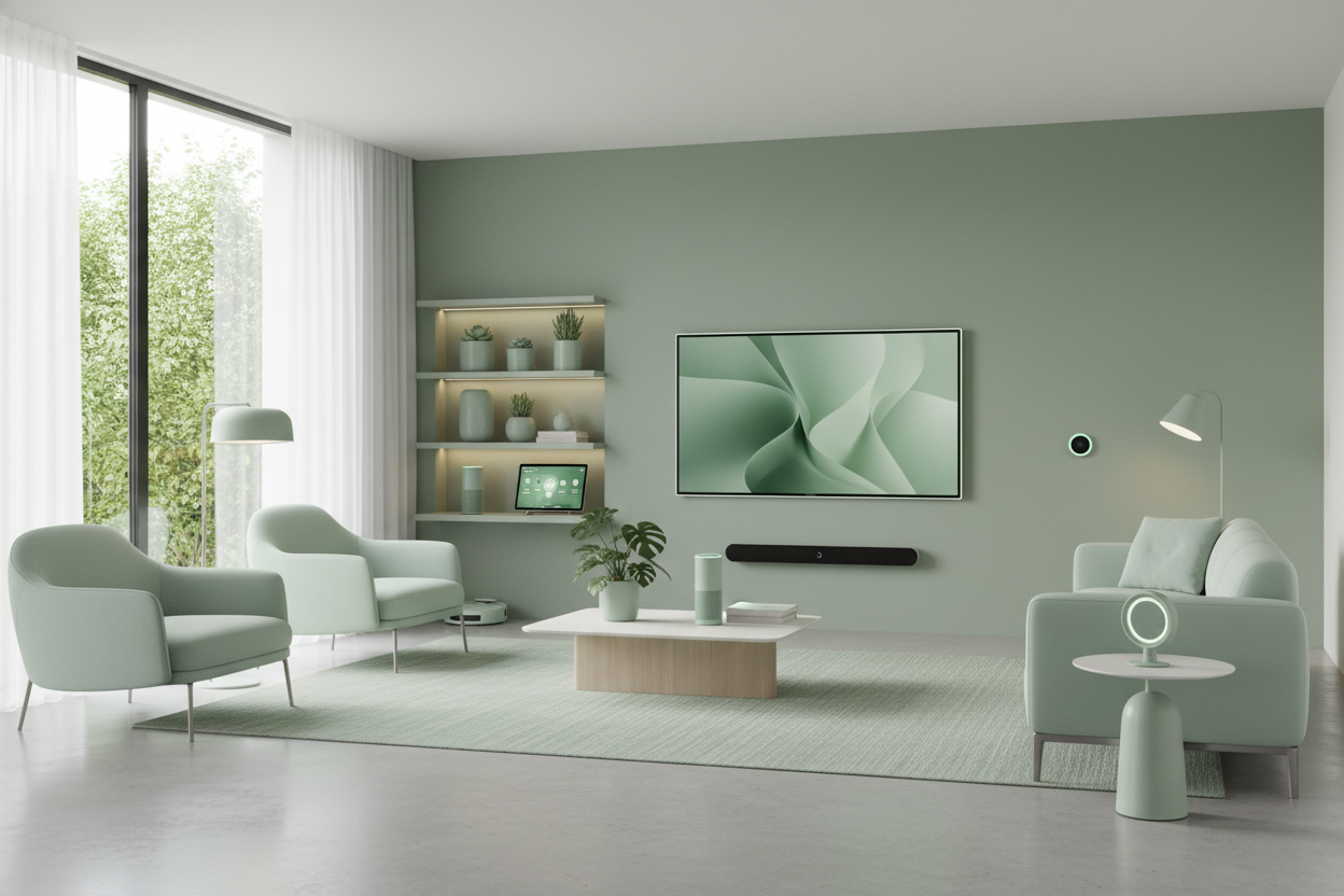 home living space with light green theme and smart appliance 